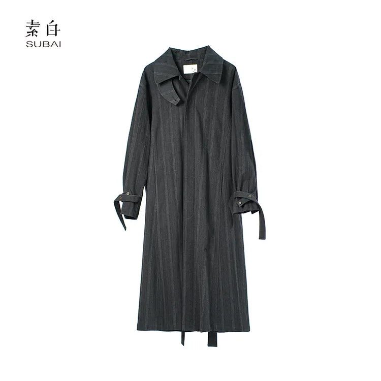 素白【山海】经典条纹长风衣外套Y01073秋季宽松高级感系带修身风衣
