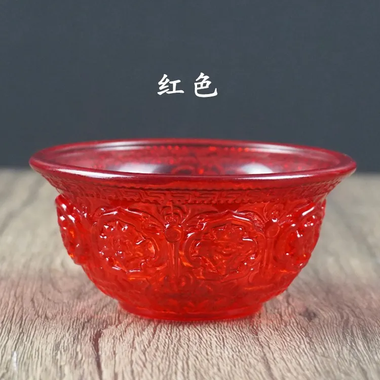 七彩琉璃供水碗八吉祥碗净水碗家用摆放彩色玻璃碗水晶西藏供水杯