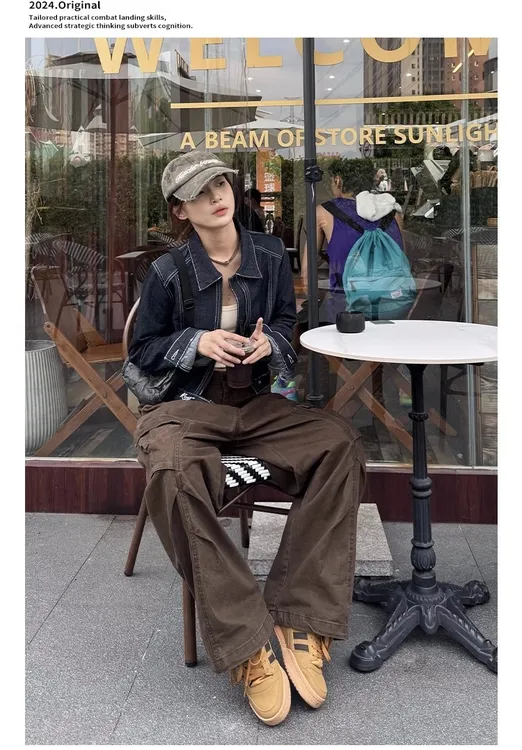 【水洗全棉 包边】美式宽松多口袋工装裤女阔腿hiphop爵士街舞长裤 