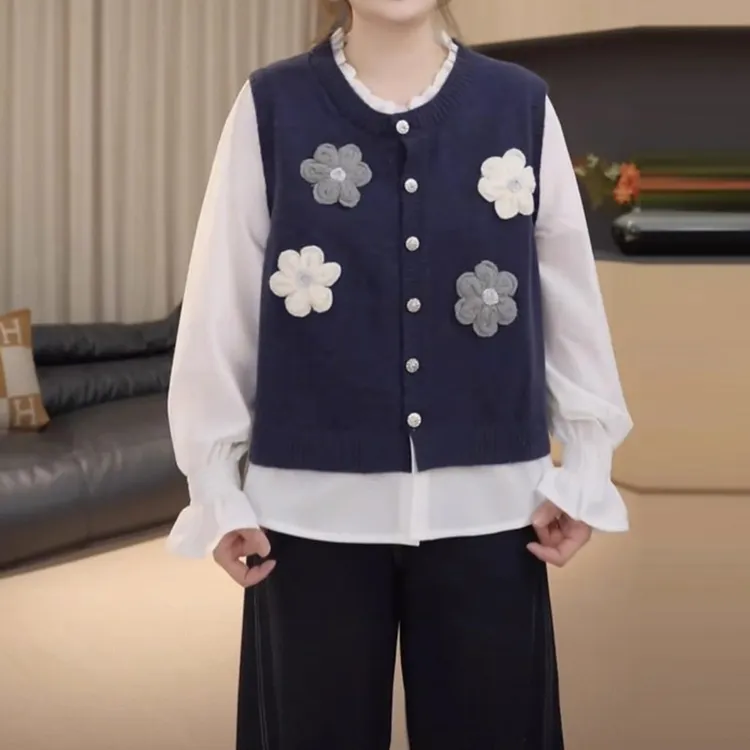 2025秋季新款假两件长袖气质针织衫女韩版洋气减龄巨显瘦百搭毛衣
