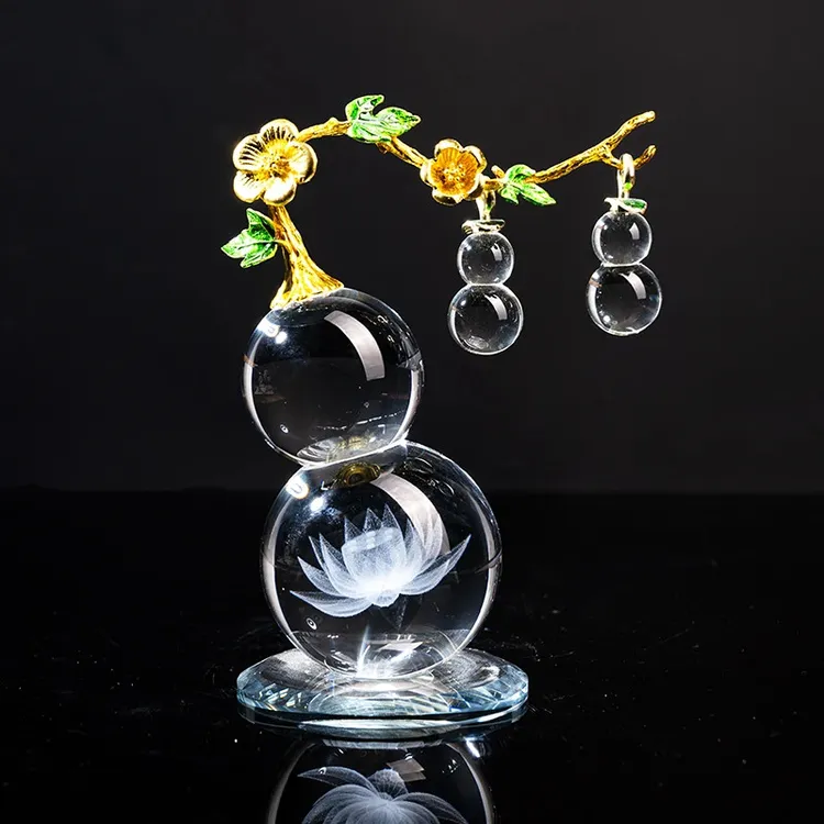 K9内雕莲花葫芦创意摆件透明工艺品水晶球酒柜可爱高档轻奢摆件