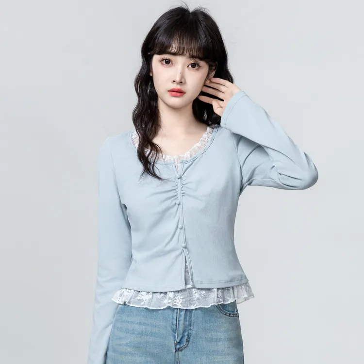 法式蓝色蕾丝拼接长袖T恤女春秋2025秋季新款设计感褶皱短款上衣