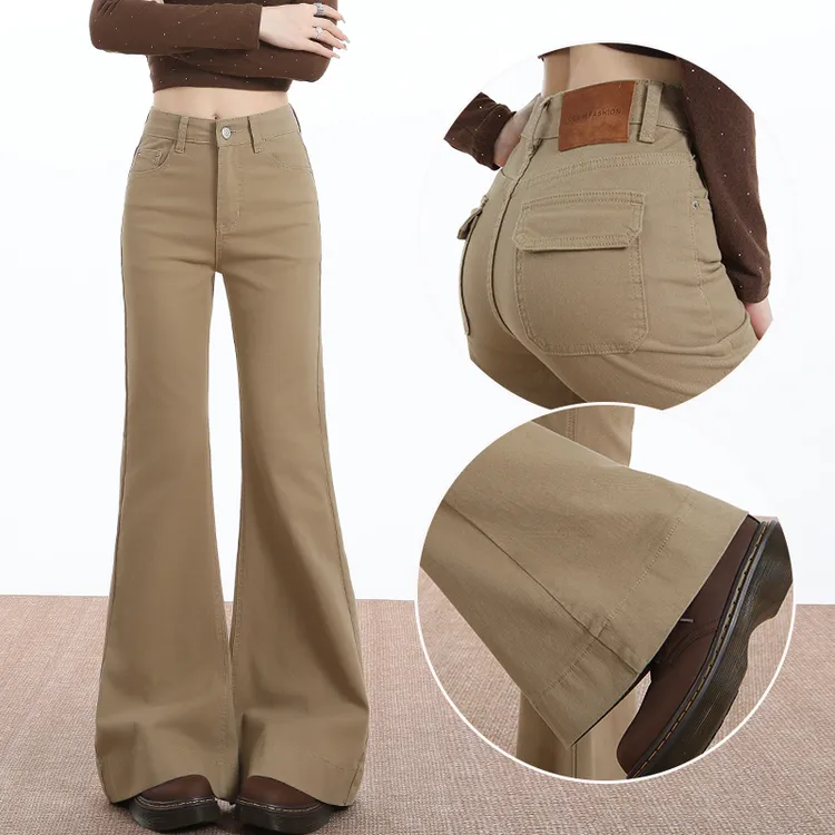 蜜蜜穿搭加绒加厚美式卡其色低腰微喇牛仔裤女2025冬季提臀喇叭裤