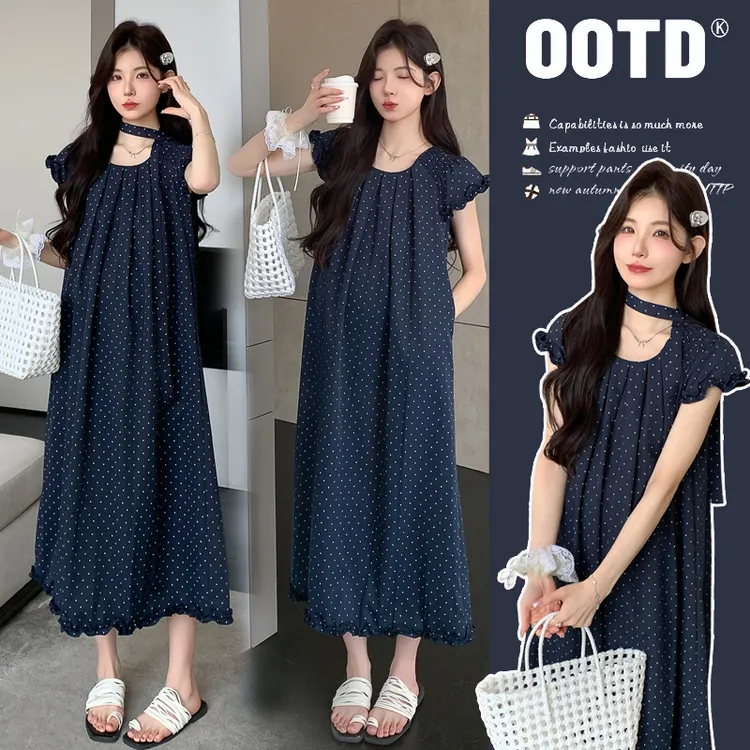 2025夏季新款印花波点花边小飞袖气质高级宽松显瘦孕妇连衣裙