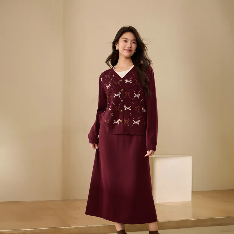 【萌宠乐园】纤莉秀W大码女装流光风慵懒风毛织半身裙套装QK3776