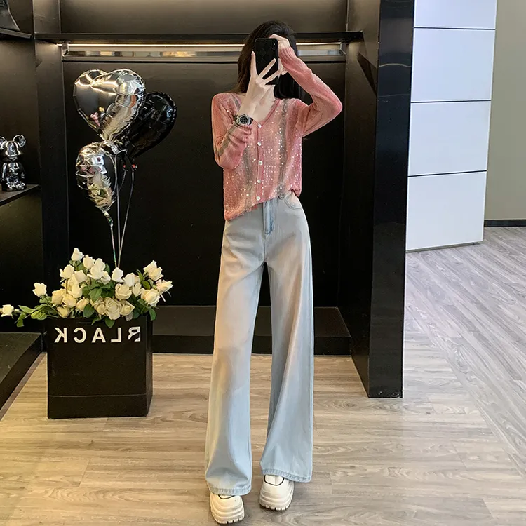 长袖设计感亮片针织衫套装女时尚2025春新款钉珠阔腿裤牛仔两件套