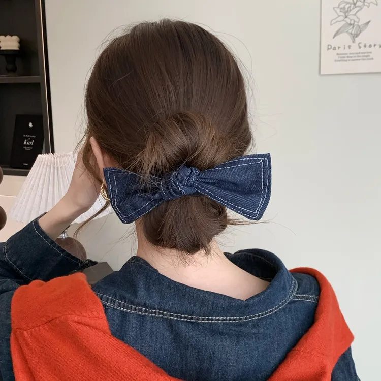 牛仔艺术生！韩系丹宁牛仔大蝴蝶结珍珠发圈慵懒低丸子低马尾发圈