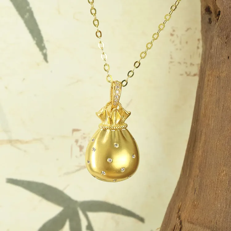 通体18K金正品吊坠古法黄金工艺镶钻钱袋送女友礼物双11心头好物