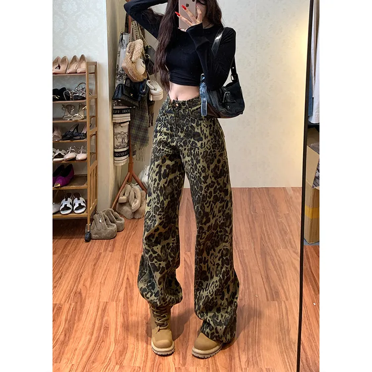美式豹纹高腰阔腿牛仔裤女2025年秋季新款时髦百搭显瘦直筒长裤