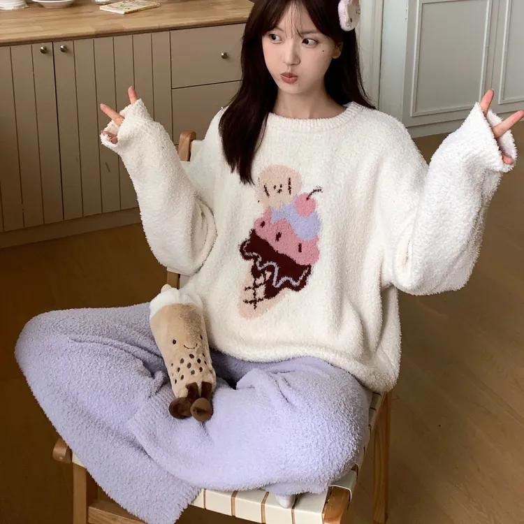 加厚保暖半边绒睡衣冬季女款2025新款秋冬珊瑚绒可外穿家居服套装