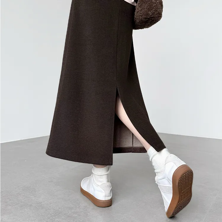 加绒加厚半身裙女秋冬高腰显瘦醋酸绵羊毛包臀裙中长款开叉a字裙
