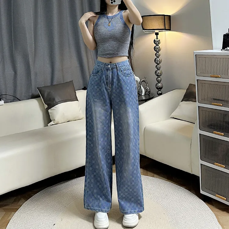 夏季薄款新款彩色棋盘格窄版直筒牛仔裤女2025宽松显瘦百搭拖地裤