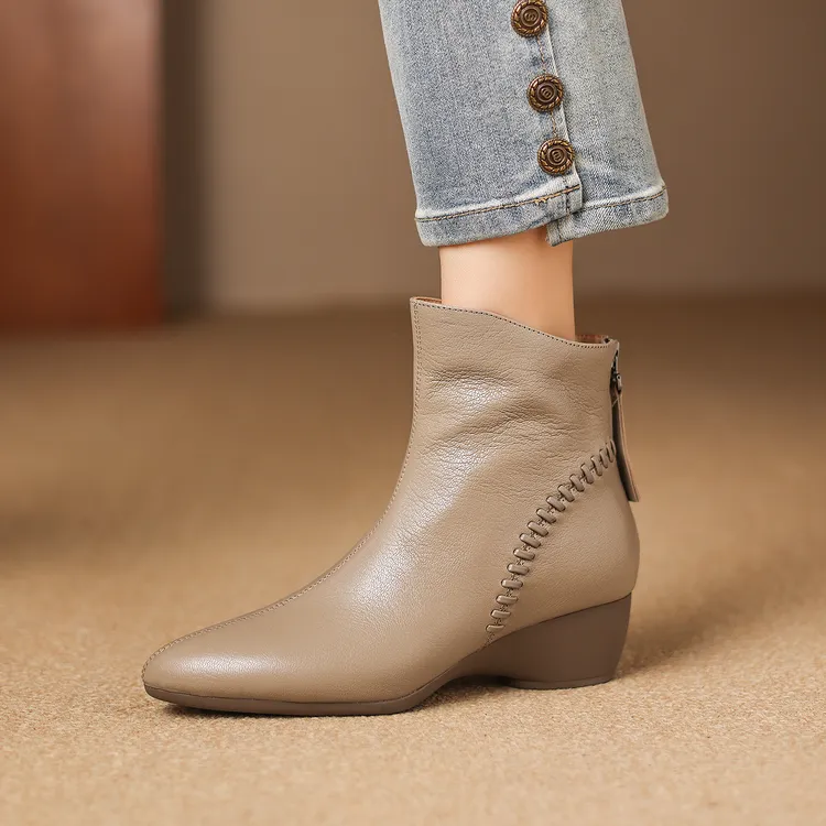 跟高4.5cm/羊皮34-40/法式秋季秋冬粗跟女防滑短靴百搭短筒靴加绒