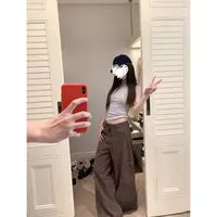 百搭拖地咖色工装裤休闲长裤女    60629