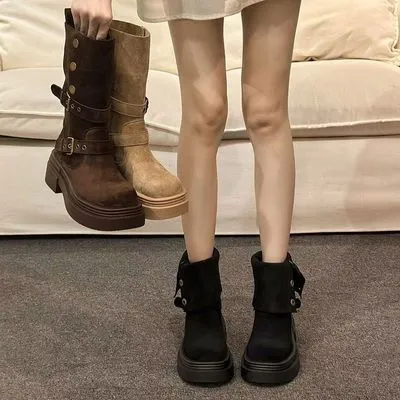 时尚百搭厚底马丁靴女2024秋冬季新款英伦风复古显瘦增高中筒靴子