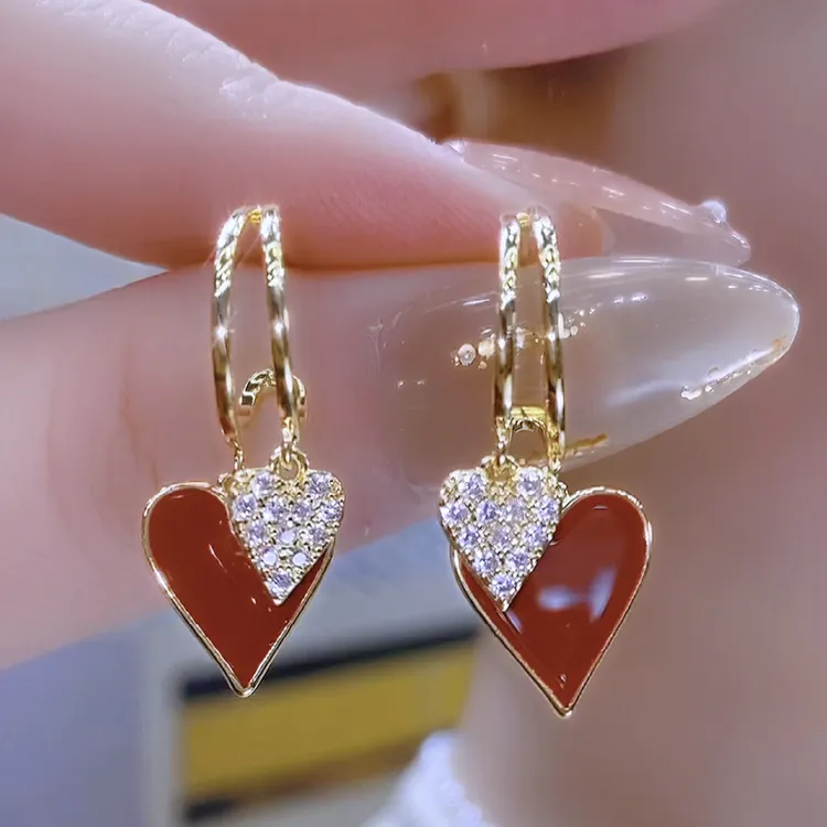 铜合金合成锆石耳饰 轻奢百搭时尚喜庆简约双层爱心耳环