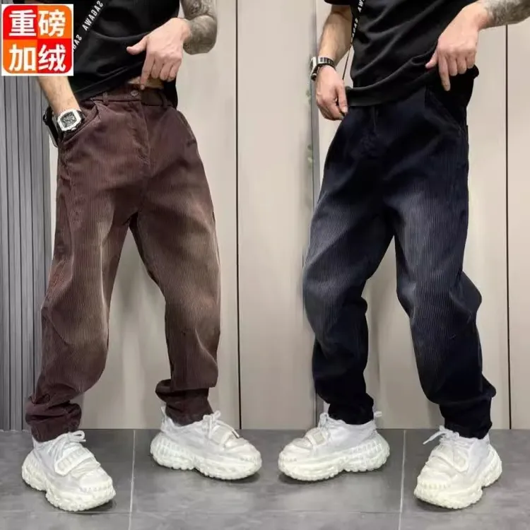 美式复古做旧加绒加厚休闲裤2024秋冬潮流百搭宽松直筒加绒哈伦裤