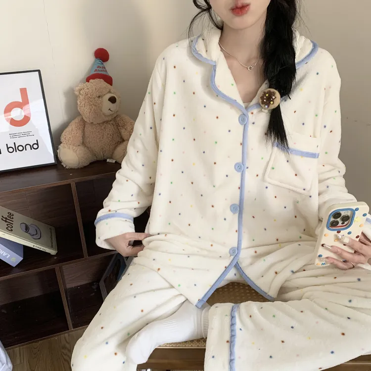 韩系睡衣女秋冬季法兰绒保暖开衫甜美可爱小熊新款家居服套装3067