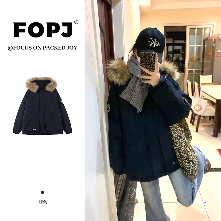 FOPJ秋冬新款座山雕毛领加厚保暖派克服女宽松时尚潮流慵懒风外套