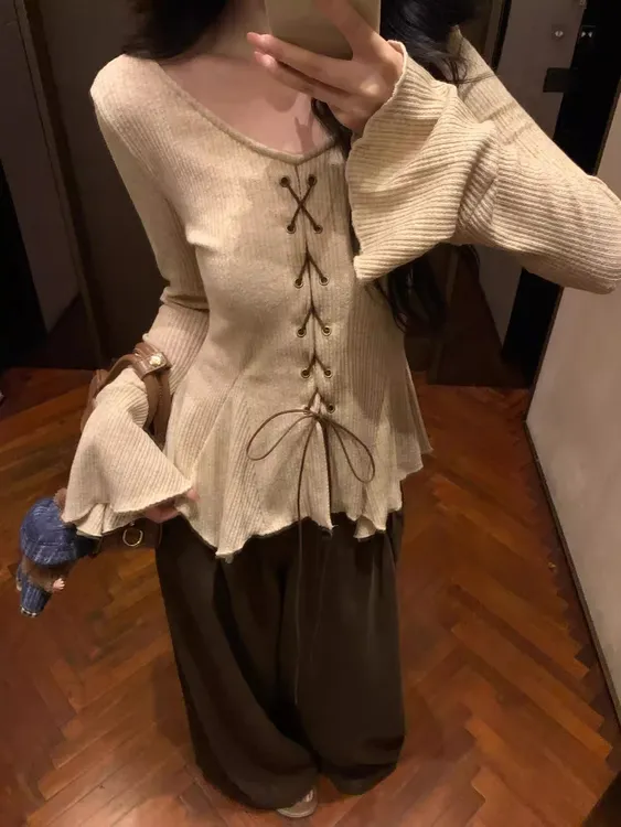 韩系入秋穿搭氛围感套装绑带肌理感上衣女装秋季阔腿休闲裤两件套