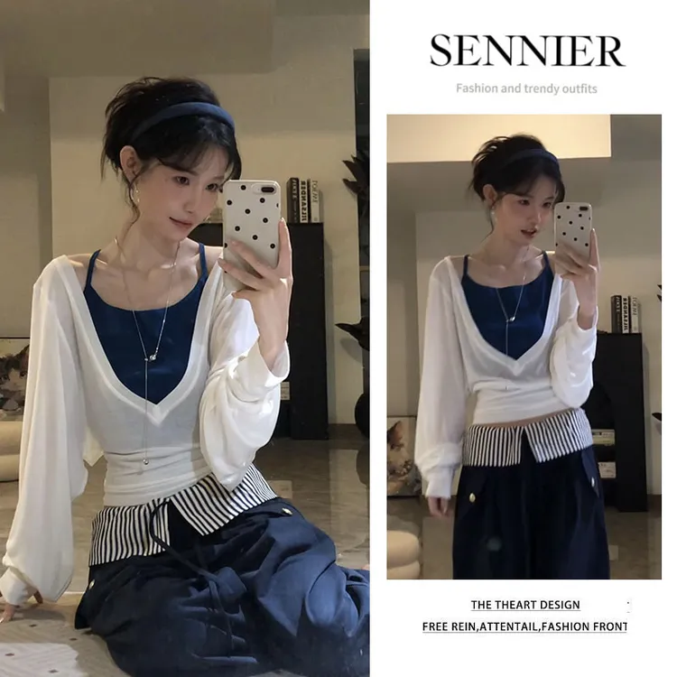 2025初秋新款套装吊带背心外搭宽松长袖罩衫设计感阔腿裤三件套装