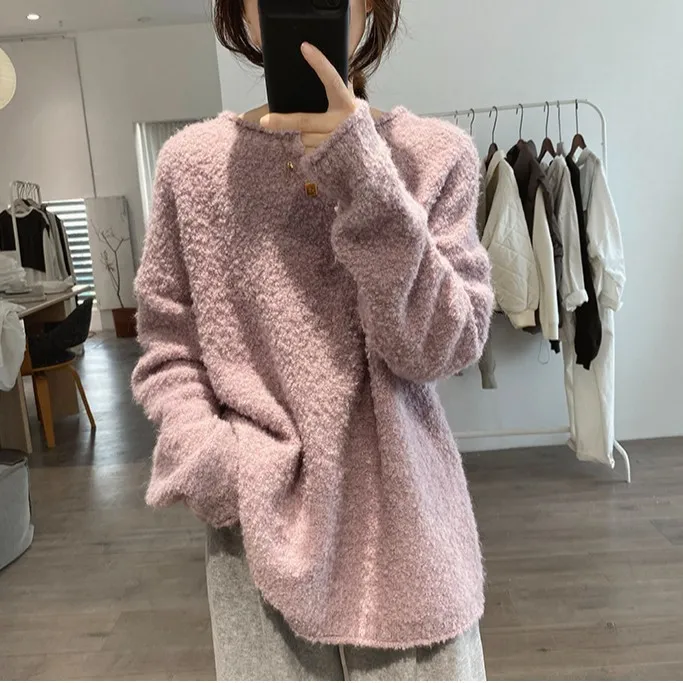 奶乎乎紫色毛衣2025女秋冬温柔宽松遮肚毛衣女士加厚慵懒秋冬上衣