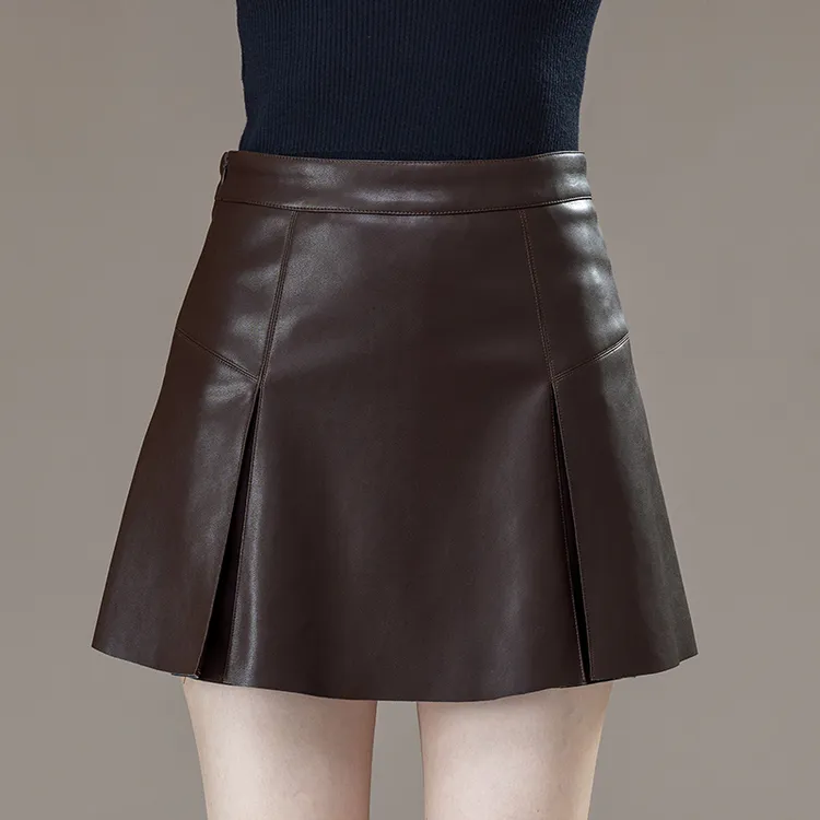 PU皮半身裙女秋冬2025新款高腰显瘦复古Aa字小个子褶皱包臀短裙子