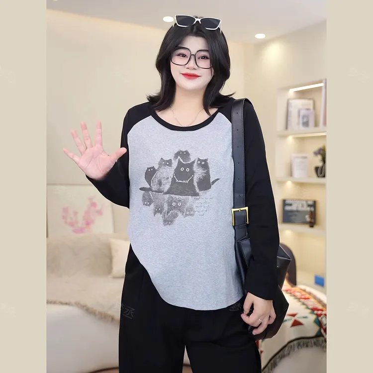 梦丞【小猫灵玉】大码女装冬季显瘦上衣圆领卡通印花撞色长袖T恤