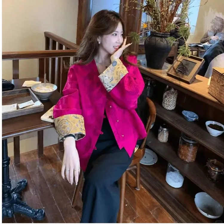 2025春季新款时尚流行新中式国风玫红色外套搭配黑色半身裙两件套