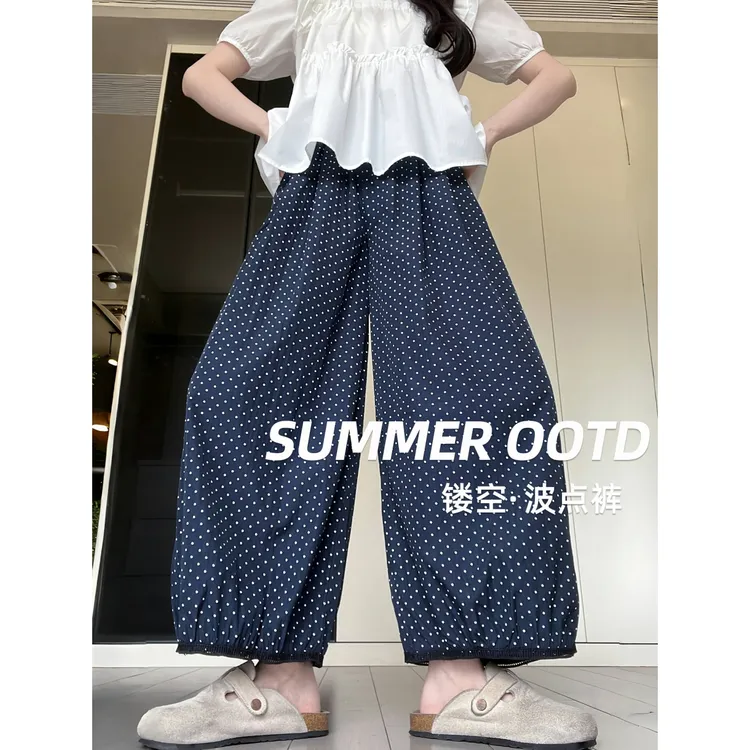 韩版藏青色宽松波点阔腿裤女2025夏季新薄款高腰小个子休闲九分裤