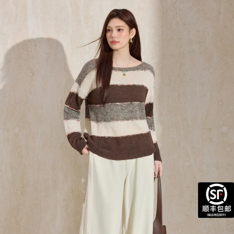 蓝语大码女装复古休闲撞色条纹针织衫2025冬季新款慵懒宽松毛衣