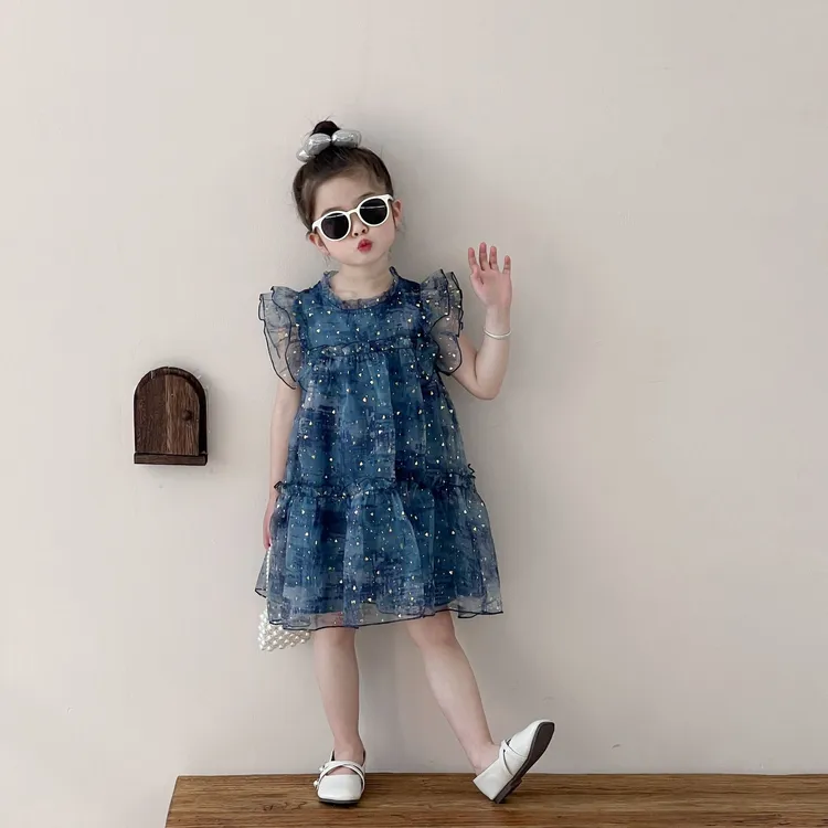 女童繁星飞袖连衣裙2025夏女宝网纱裙薄款仙女小飞袖公主裙子