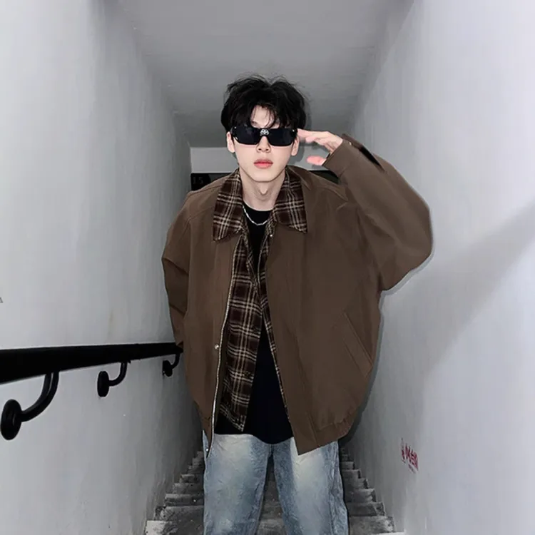 古着vintage棕色外套男春秋美拉德穿搭假两件夹克翻领短款棒球服