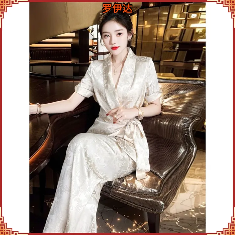 II夏季新款时尚气质舒适休闲慵懒风v领短袖衬衫阔腿裤两件套女III