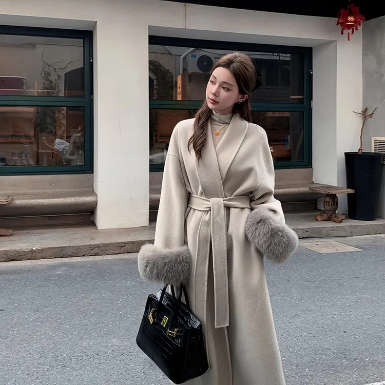 羊毛双面呢大衣外套女2025新款秋冬仿狐狸毛袖口留洋富家千金风