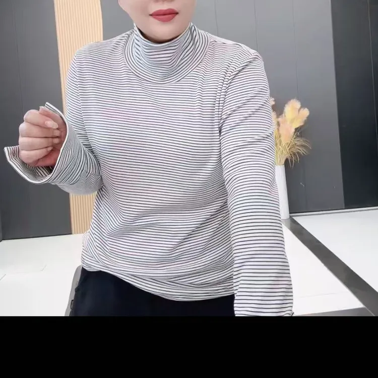 9918半高领保暖高领长袖条纹中领T恤修身针织时尚百搭