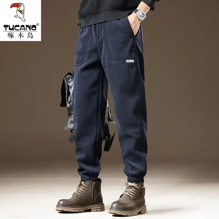 高端雪尼尔灯芯绒重磅休闲裤子男冬季加绒宽松束脚运动弹力卫裤男