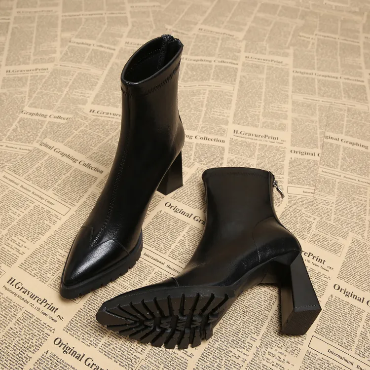 赵露思同款羊皮版~美拉德真皮增高厚底防水台粗跟短靴瘦瘦靴尖头