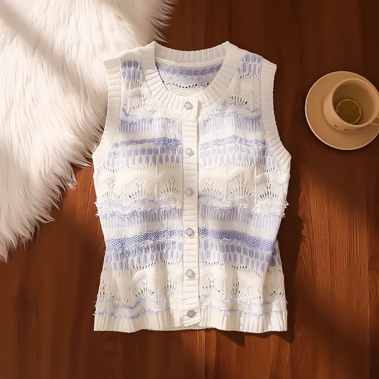条纹针织钩花镂空背心女夏季新款无袖露肩宽松复古时尚外穿上衣