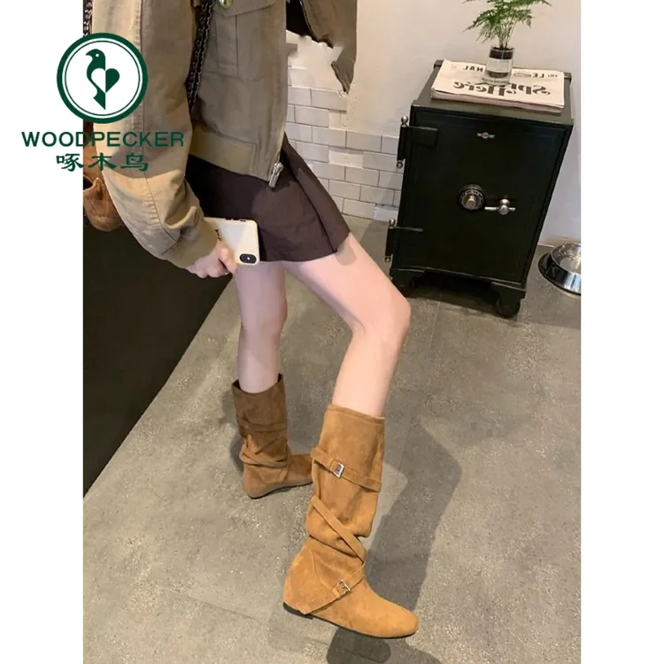 啄木鸟内增高复古皮带扣褶皱西部牛仔靴2025秋弹力显瘦堆堆骑士靴