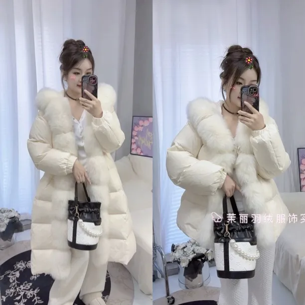 【雪精灵】小个子鹅绒收腰真狐狸毛领中长款显瘦羽绒服外套