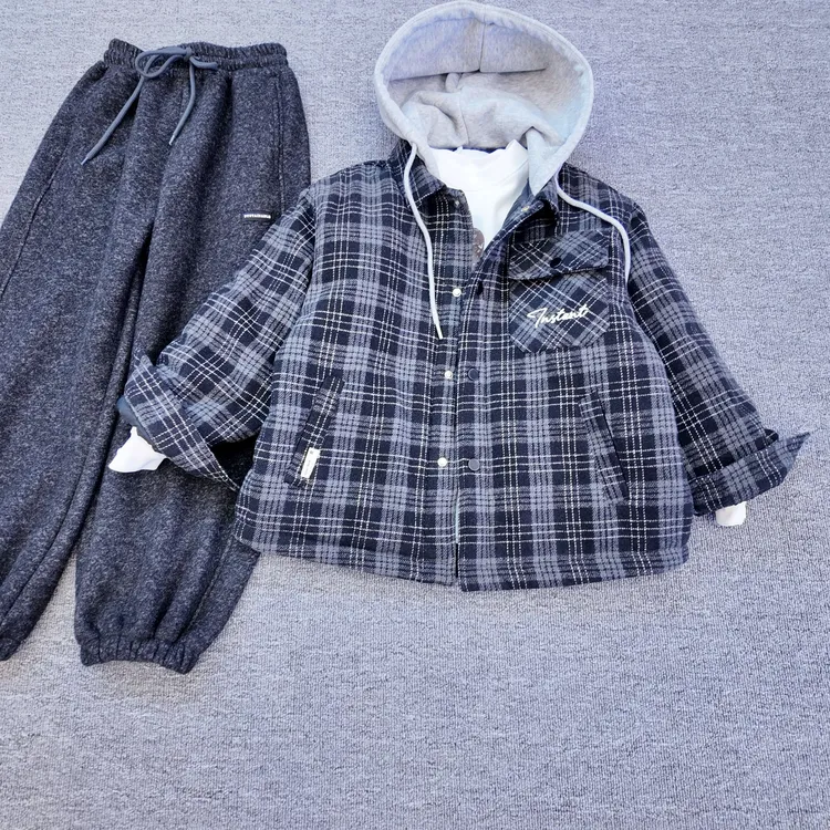 【小哥童装】冬季男童棉服加厚款翻领连帽格子外套潮流中大童61242