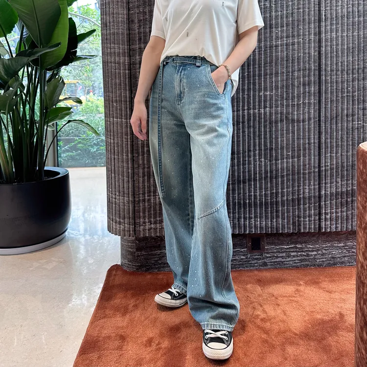 水洗烫钻休闲女款牛仔裤宽松复古裤子休闲牛仔裤休闲高腰阔腿裤