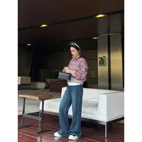 JESSICA WU进口胎牛皮粉绿撞色复古格纹高领拉链夹克257707001