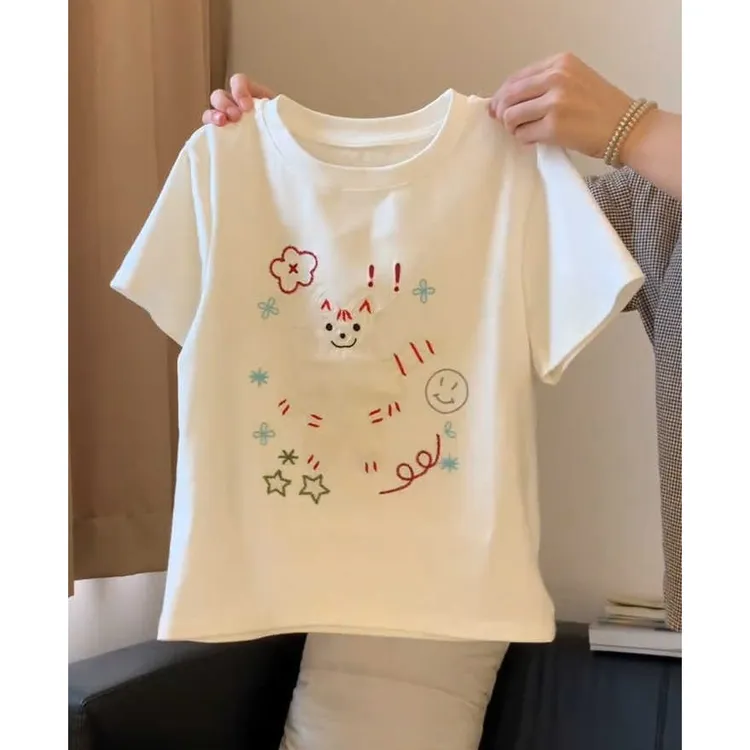 日系卡通猫咪刺绣短袖T恤夏季2025新款减龄百搭宽松显瘦正肩上衣