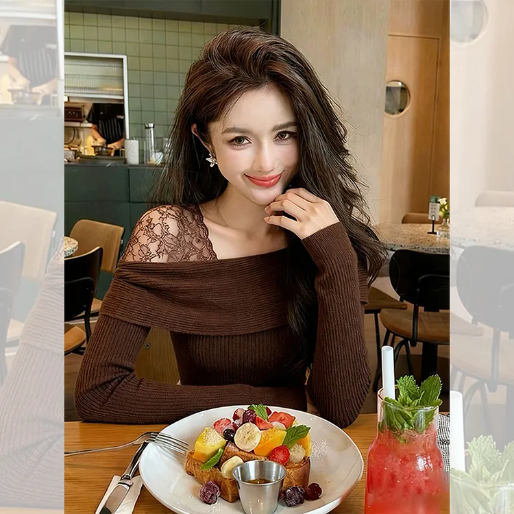 独特漂亮内搭咖色蕾丝小衫女韩系秋冬装洋气设计小众针织衫上衣服