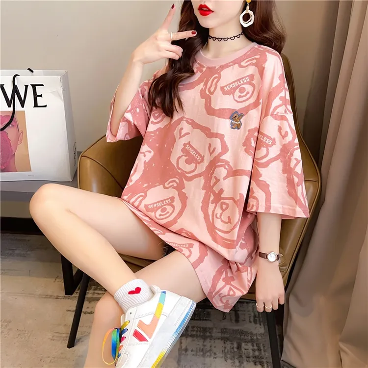 2099#短袖t恤女新款宽松韩版网红潮款夏季上衣大码过臀中长款圆领