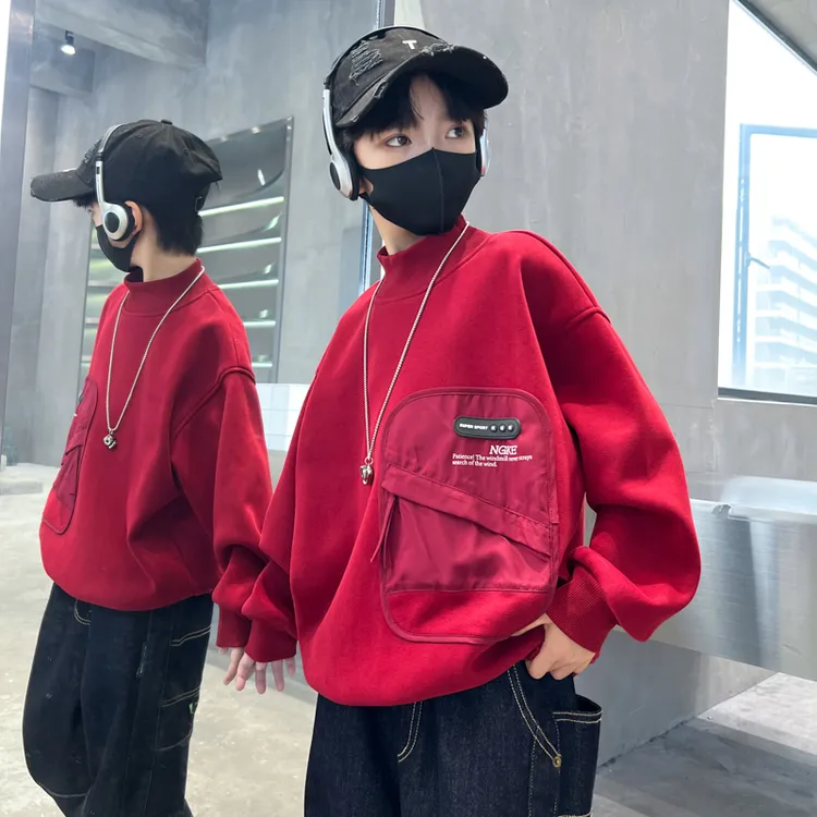 男童加绒红色卫衣秋冬款2025新款儿童冬季本命年服洋气过新年衣服