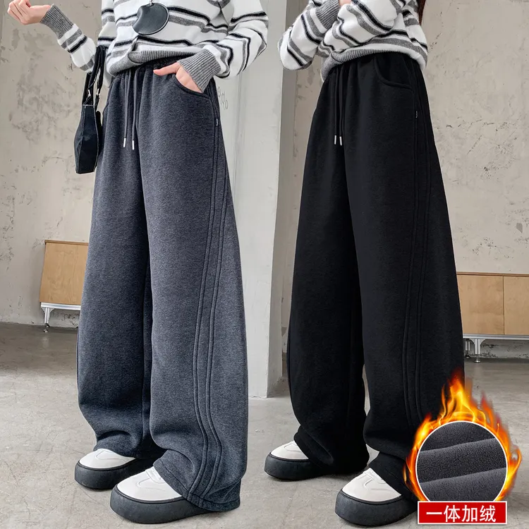 女童加绒裤子冬季新款洋气休闲裤一体绒加厚保暖百搭弯刀裤阔腿裤