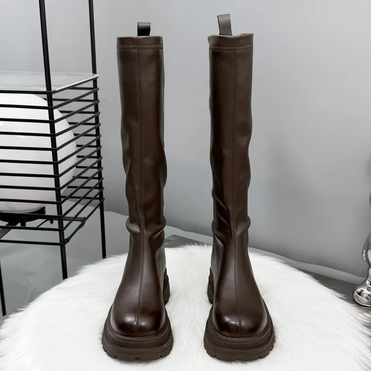 棕色靴子女长筒靴2025新款骑士靴秋冬加绒厚底小个子不过膝长靴